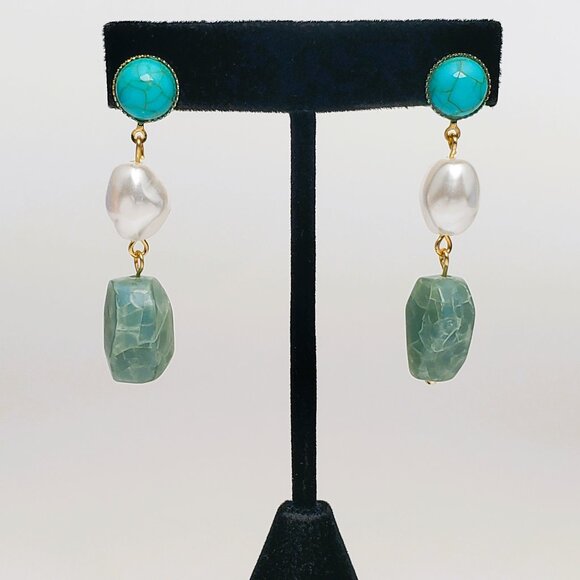 14K Gold Womens Hanging Drop Pearl Turquoise & Jade Earrings 14 K Silver Jewelry - Picture 5 of 5